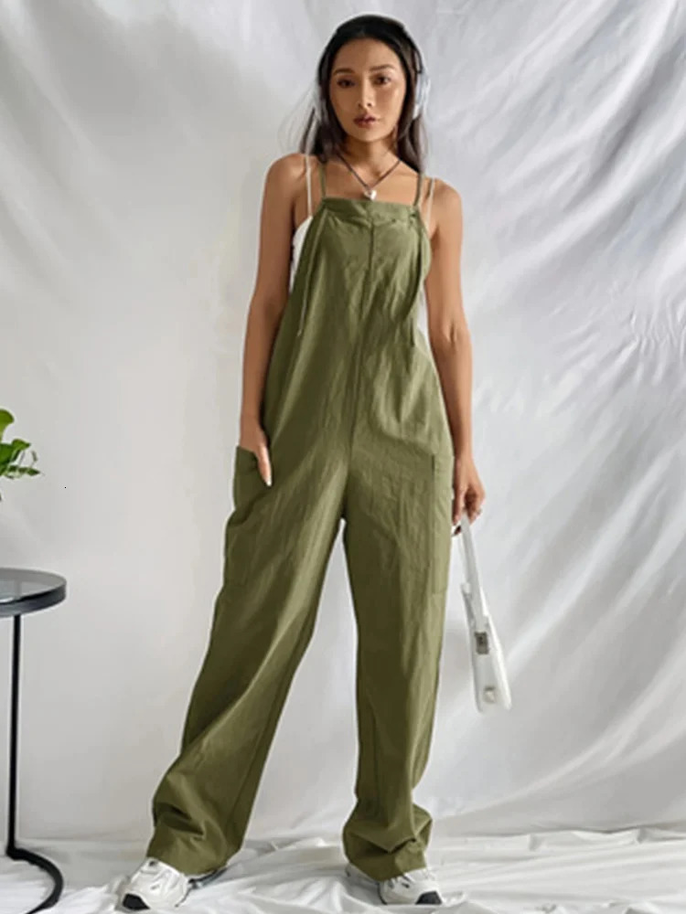 Womens casual minimalist hanging jumpsuit wide leg summer trend with pockets fashion in 250326
