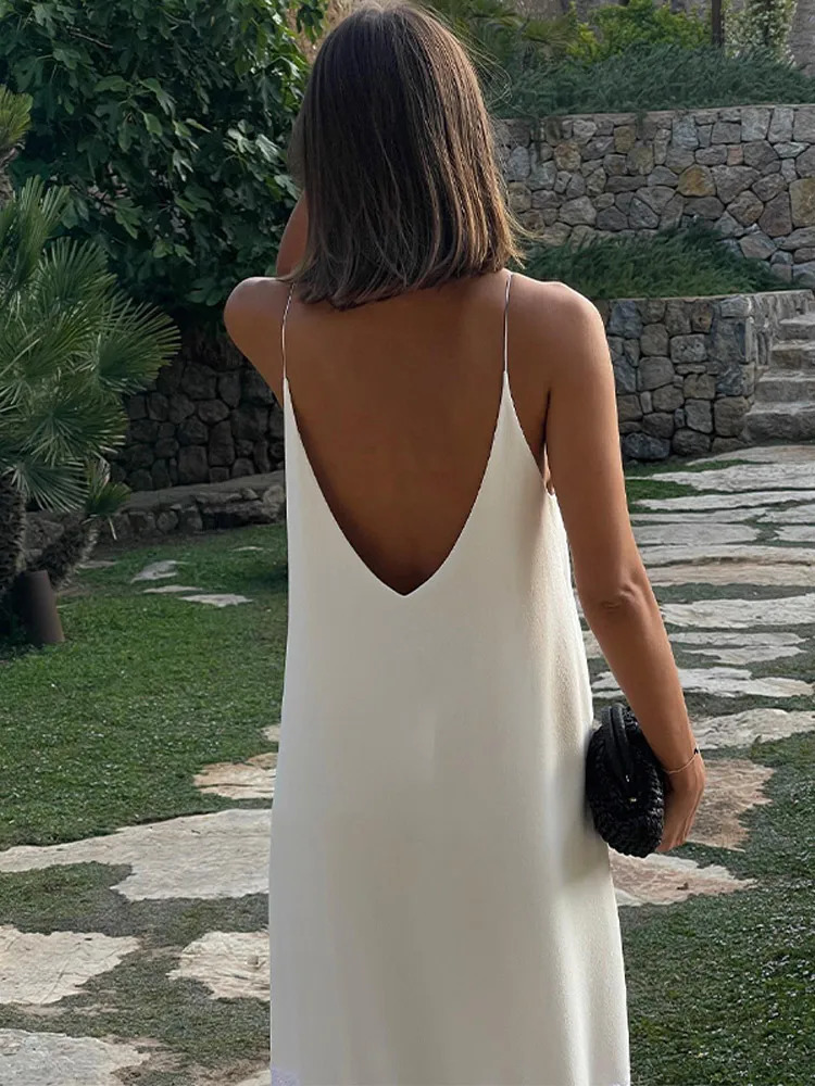 Elegant womens backless satin long skirt casual loose Vneck side split shoulder strap robe 2024 summer vacation beach sun 250324