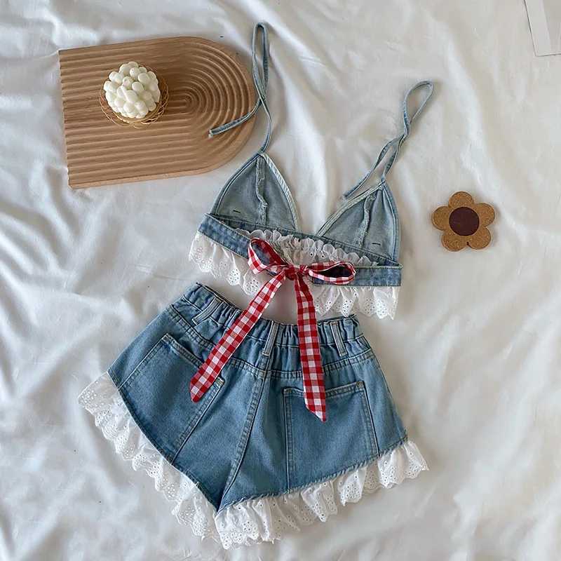 Summer clothing set for teenagers and girls aged 3-16 sleeveless denim crop shirt+jeans shorts childrens clothing setT250327
