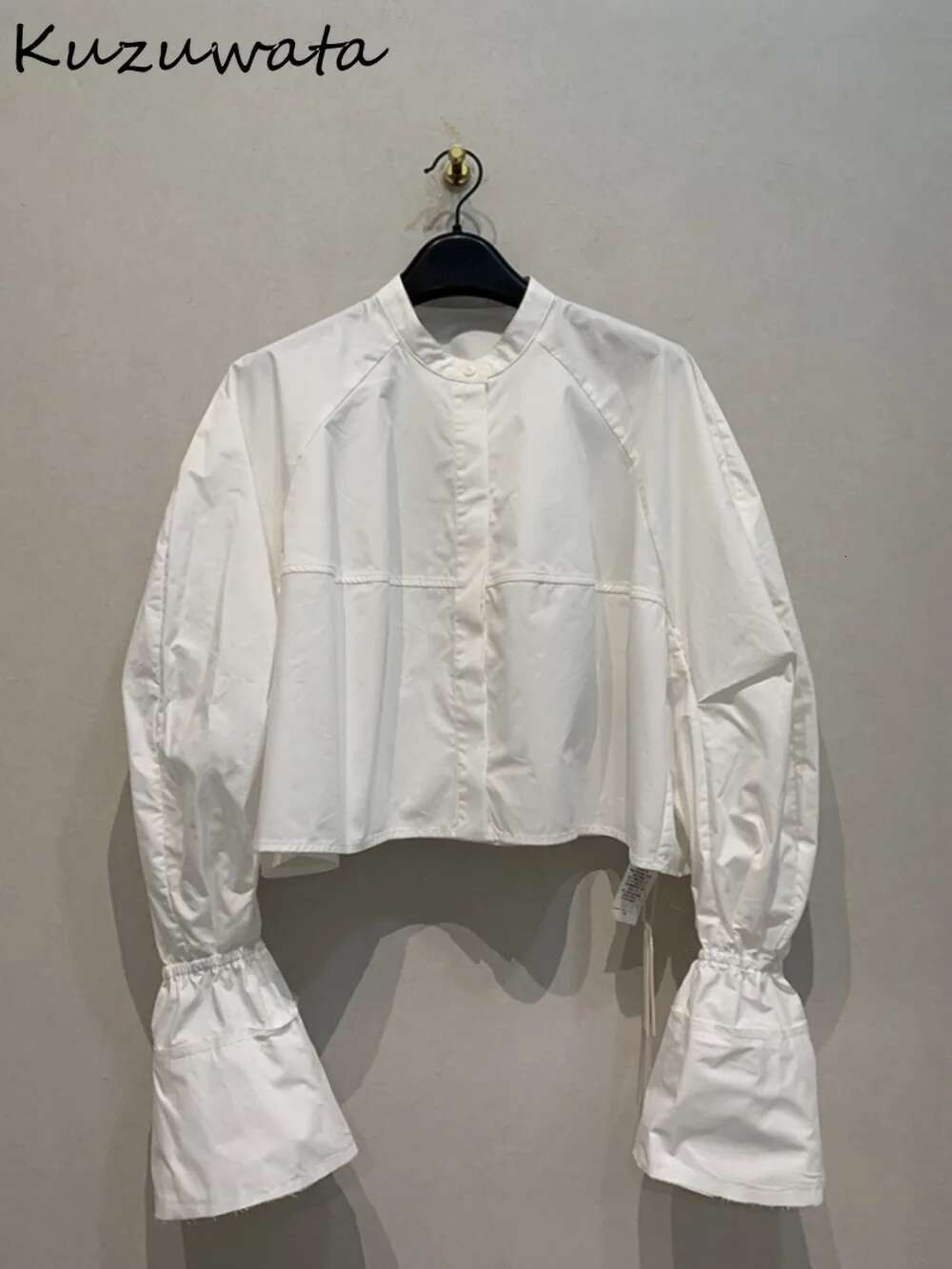 Elegant Loose Stand Collar Flare Sleeve Patchwork Blusa Single Breasted All-Match Slim Fit Top Japan Soft Casual Shirts