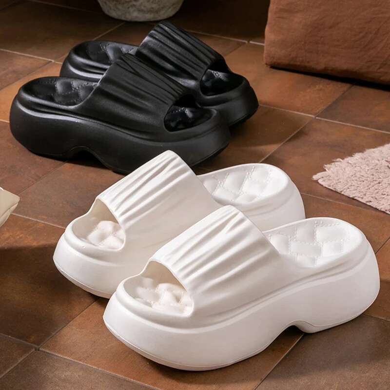 Chunky Platform Slippers for Women Summer Non Slip Thick Eva Sole Beach Slides Woman Pleated Design Wedge Heels Sandals
