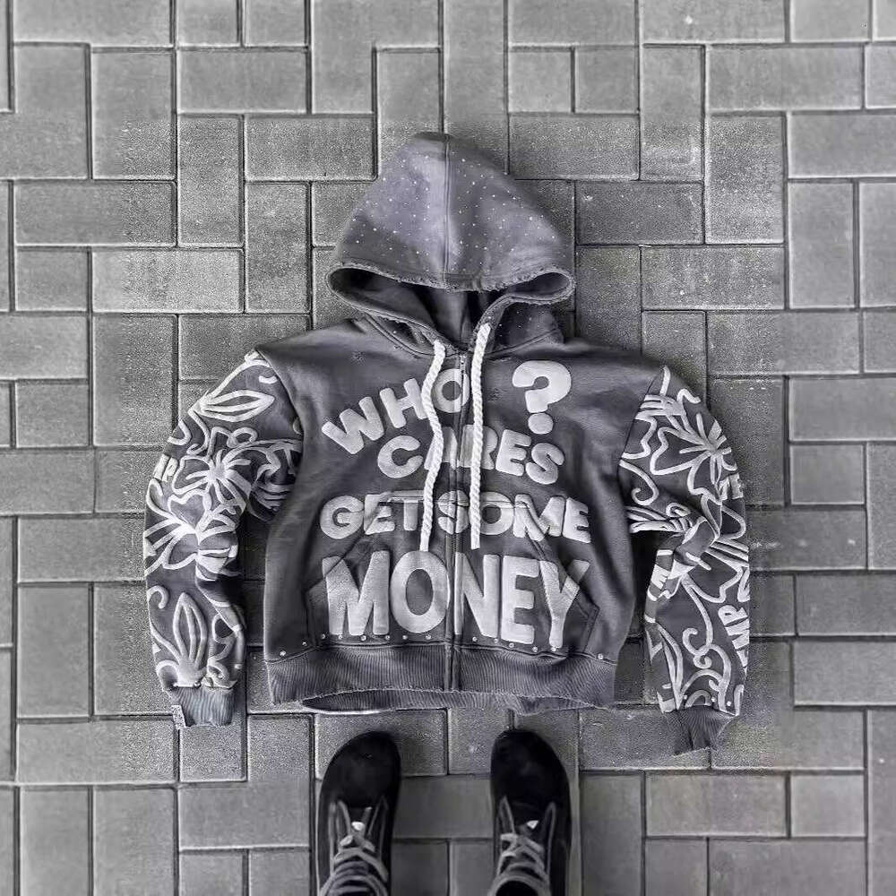 American letter foam printed street trend Y2K destroyed hoodie loose pullover sweatshirt gift for man