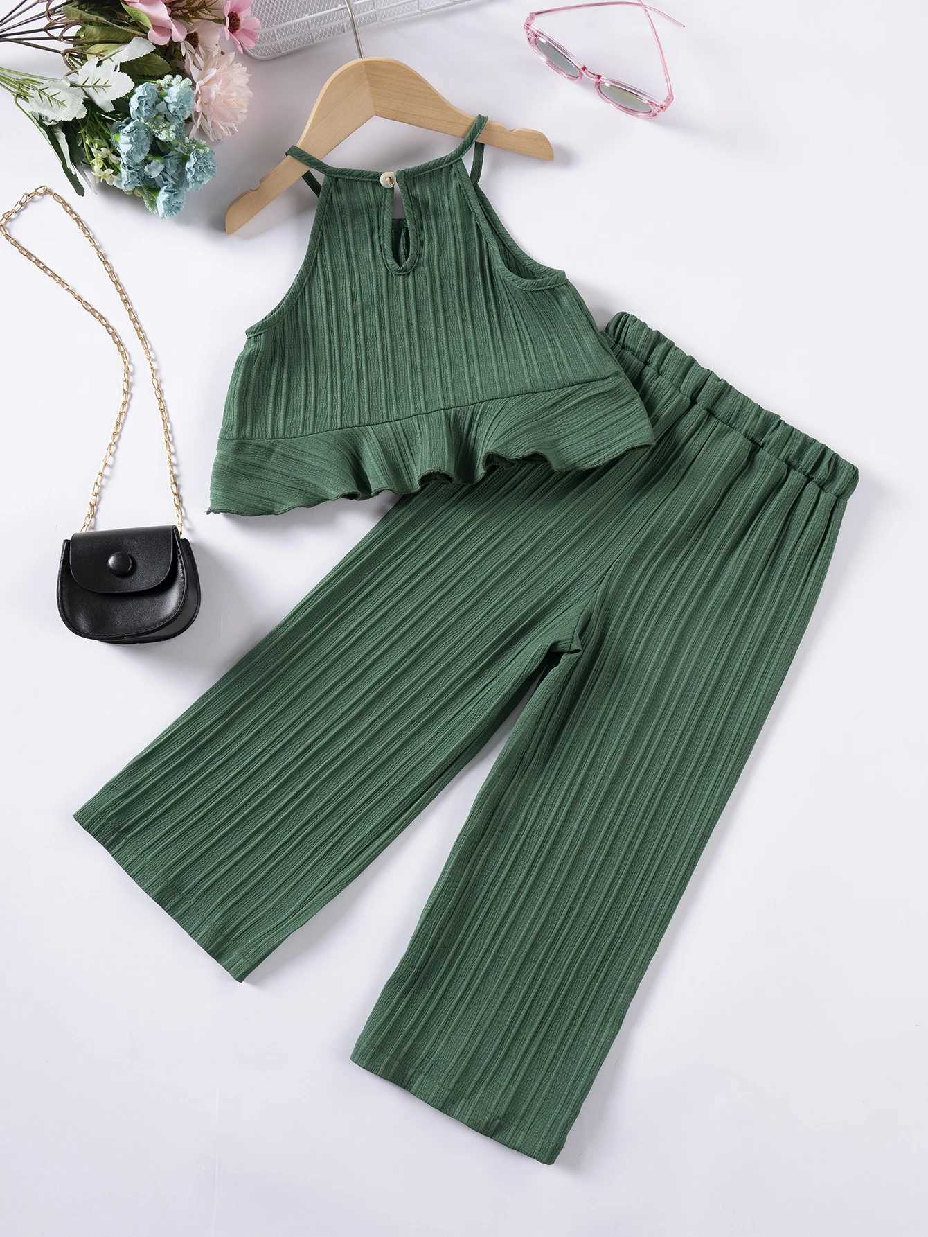 Girls summer beach vacation set with flat camisole top featuring pleats and loose wide leg pants fashionable girls clothing setT250327