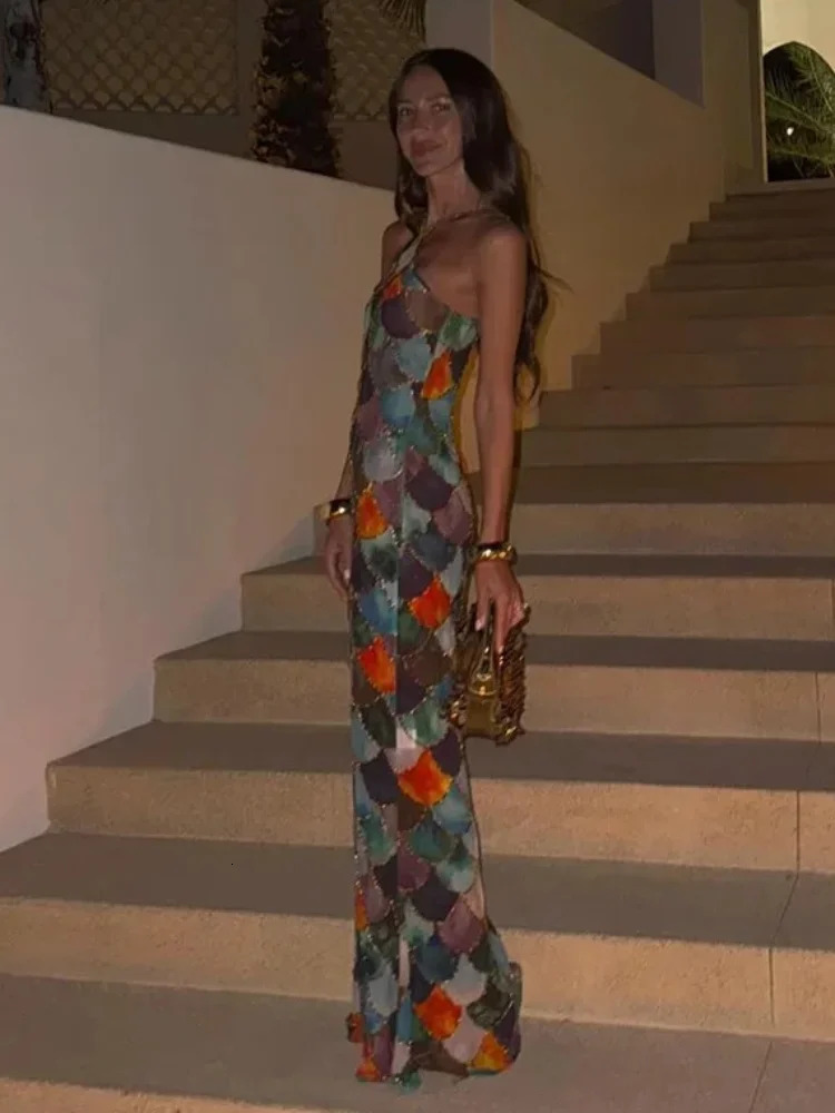 Fashionable sleeveless printed long robe retro womens contrasting suspender dress chic spring party beach 250326
