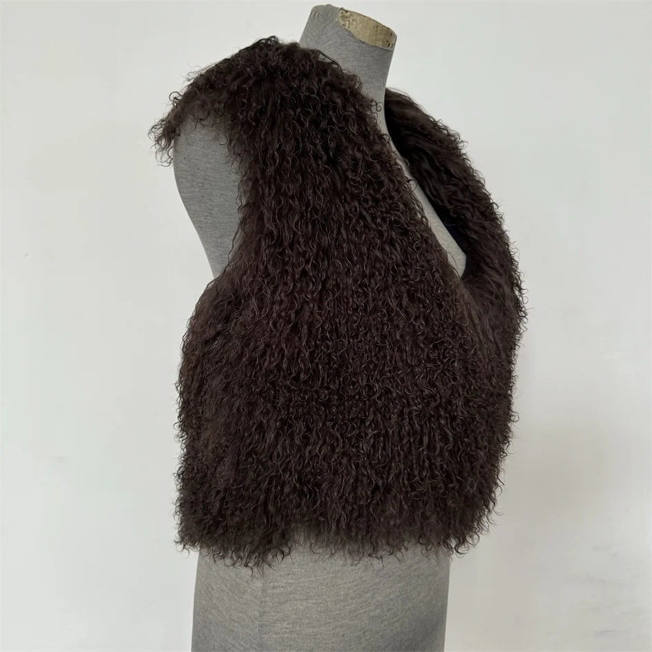Sexy Midnight Real Mongolian Fur Waistcoat Womens Backless Crop Strap Tank Top Deep Vneck Y2k Street Brown Solid 250326
