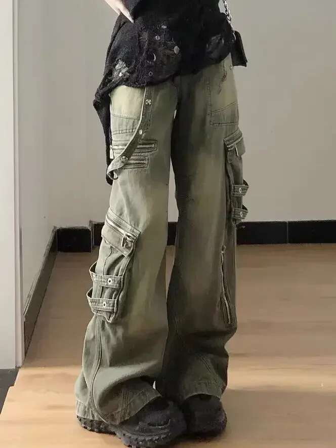 Loose Retro Washed Cargo Streetwear Zipper Baggy Hiphop Straight Pants Multi-Pocket Wide Leg Jeans Women