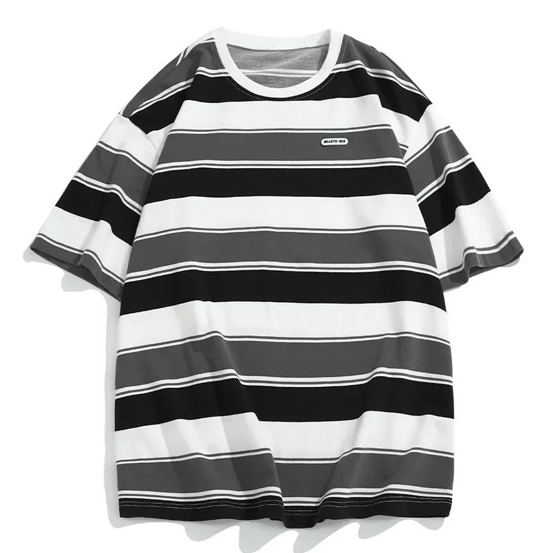 loose contrasting color short sleeved main stripe Tshirt for couples summer retro Harajuku oversized top 250326