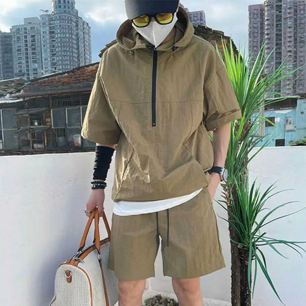 Summer Product Style Set Mens Casual Hoodie Solid Short Sleeve T-shirt Loose Fashion High Quality Handsome Sportswear SetXJ250326