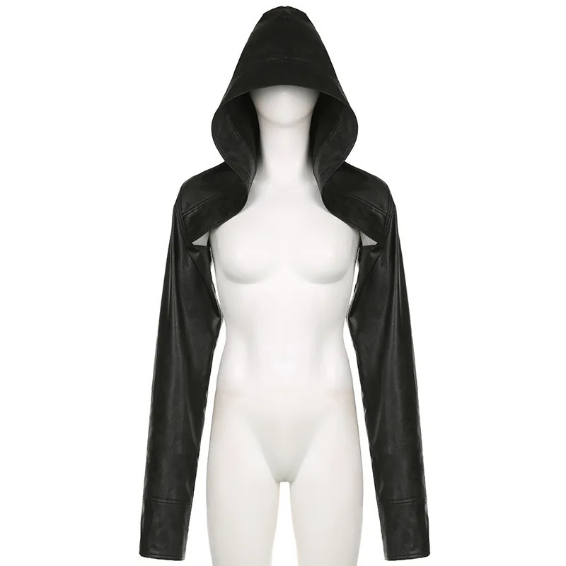 ALLNeon Y2K Rave Faux Pu Leather Hooded Cropped Jackets Tops Baddie Punk Long Sleeve Hoodies Short Coat Women Street Outwear 250322