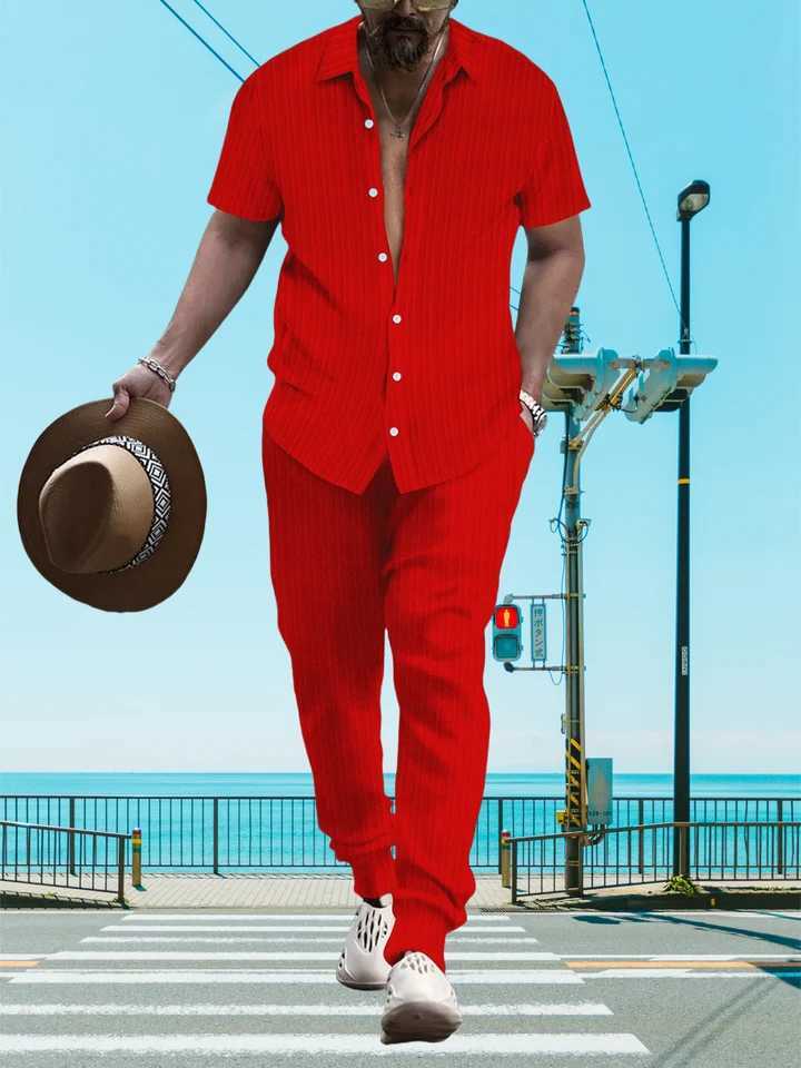 Ultra thin and lightweight summer mens casual loose short sleeved+Trousers beach set casual solid color lapel setXJ250326