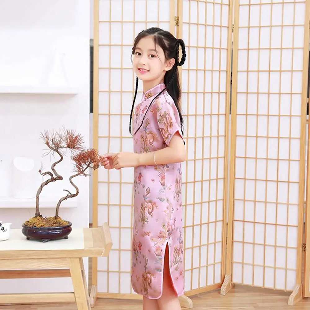 Dragon Phoenix pattern silk comfortable Chinese chiffon girls skiing children traditional clothing cheongsam girls cheongsam DIY W250326