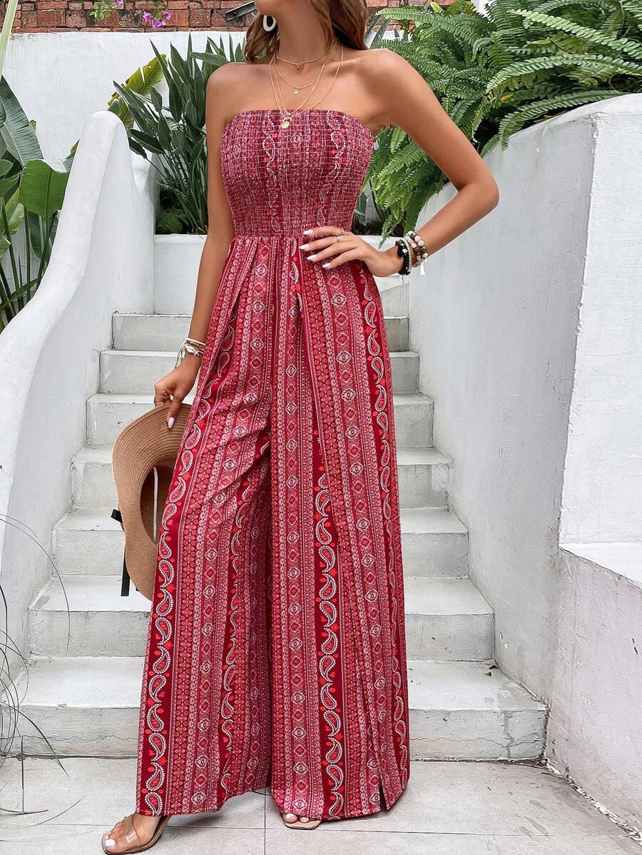 Summer womens bohemian print jumpsuit elastic wrapped chest cross n with side seam casual vacation 250326