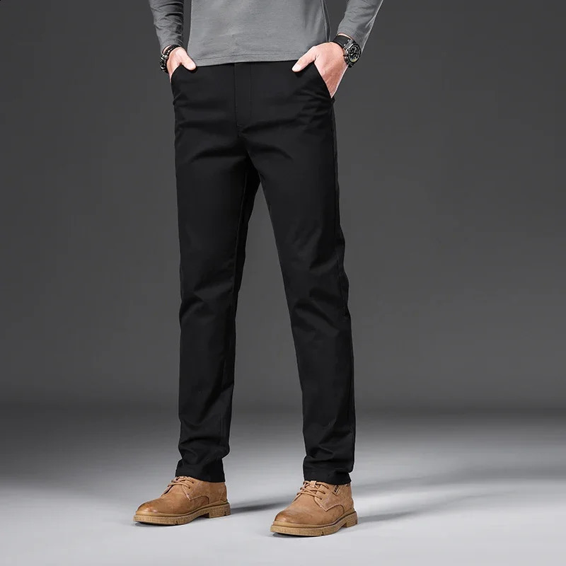 97% Cotton Mens Casual Pants Autumn Fashion Comfortable Elastic Slim Straight Business Trousers Black ArmyGreen Khaki 250317
