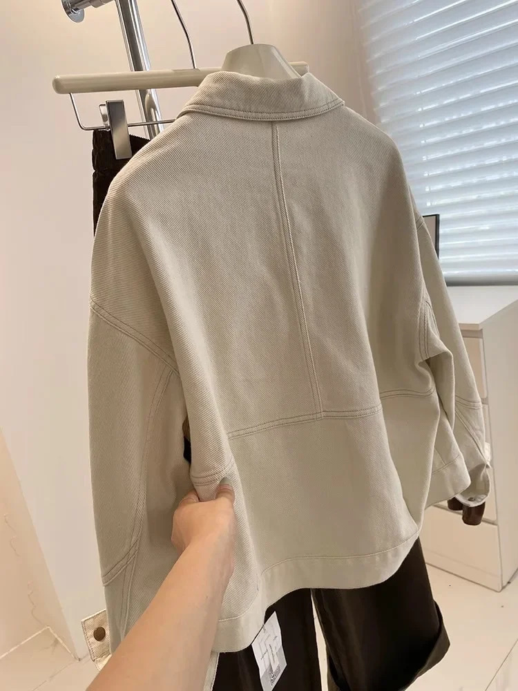 Korean style beige denim jacket loose and casual womens short spring autumn patchwork n Versatile weight loss top 250326