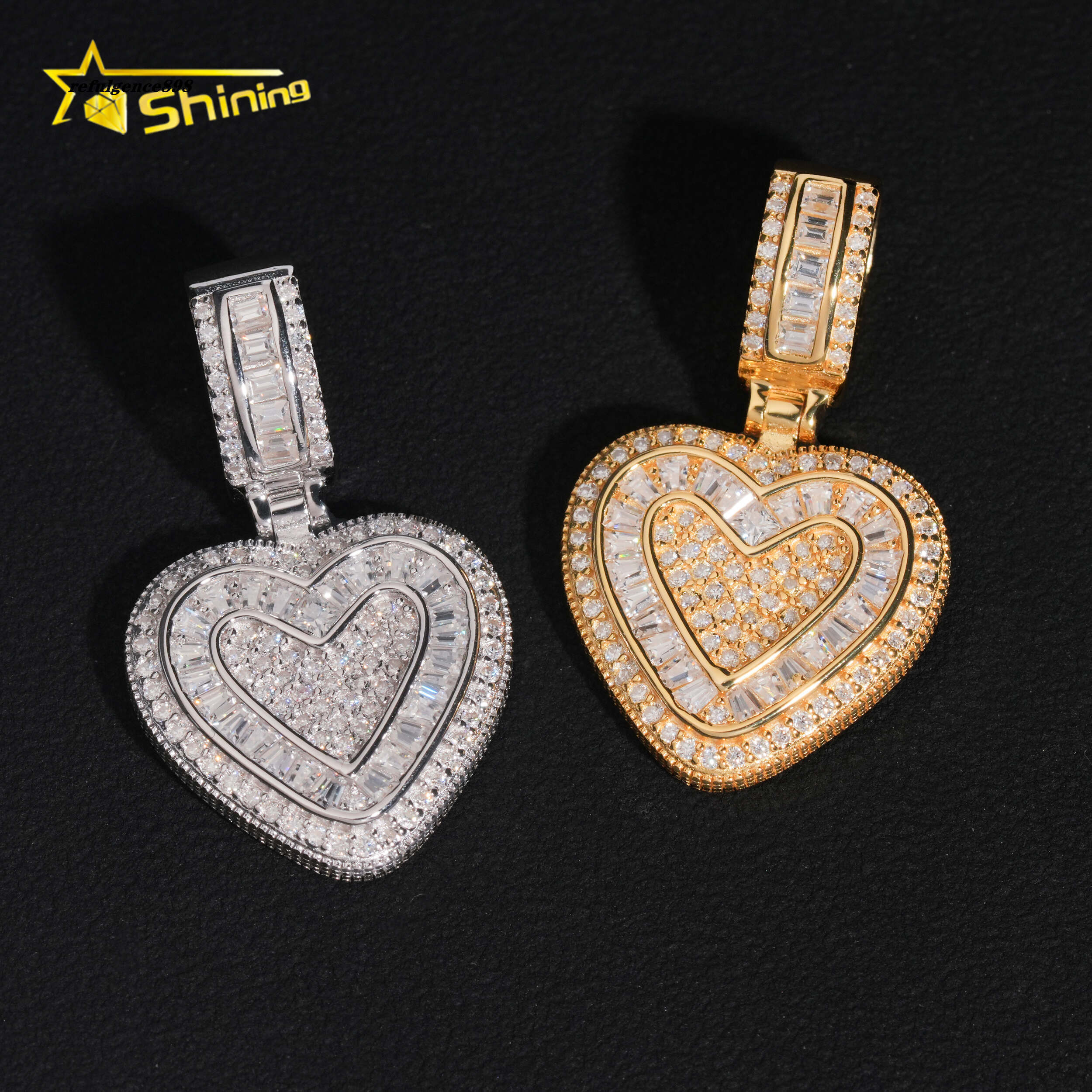 Baguette Mossanite Pendant 925 Sterling Silver VVS Moissanite Iced Out Diamond Heart Pendant Fine Jewelry Ready to Ship