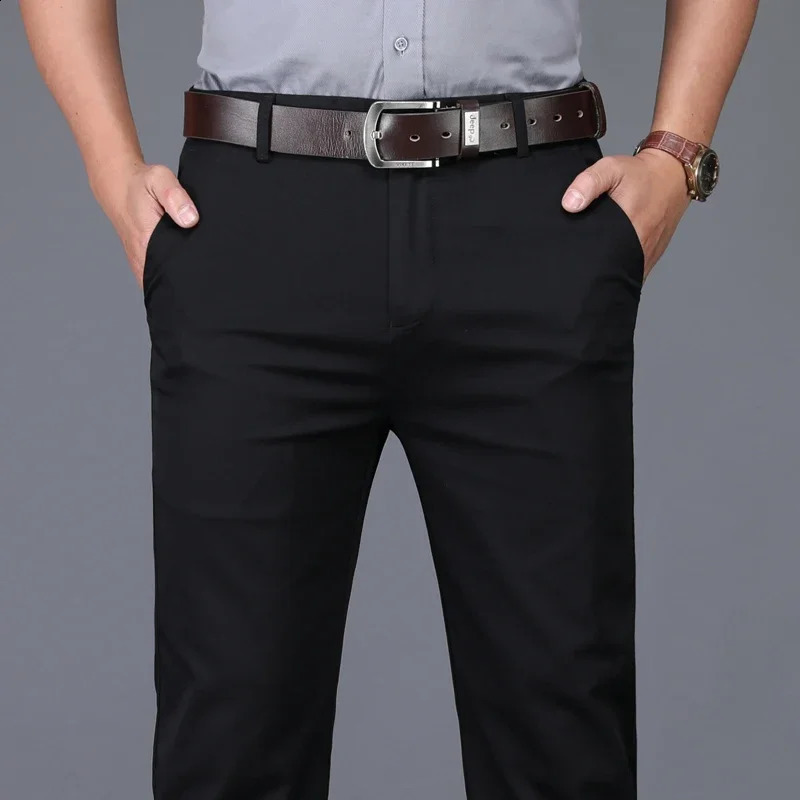 98% Cotton Classic Mens Brown Business Straight Casual Pants Solid Stretch High Waist Office Trousers Male Black Khaki 250317