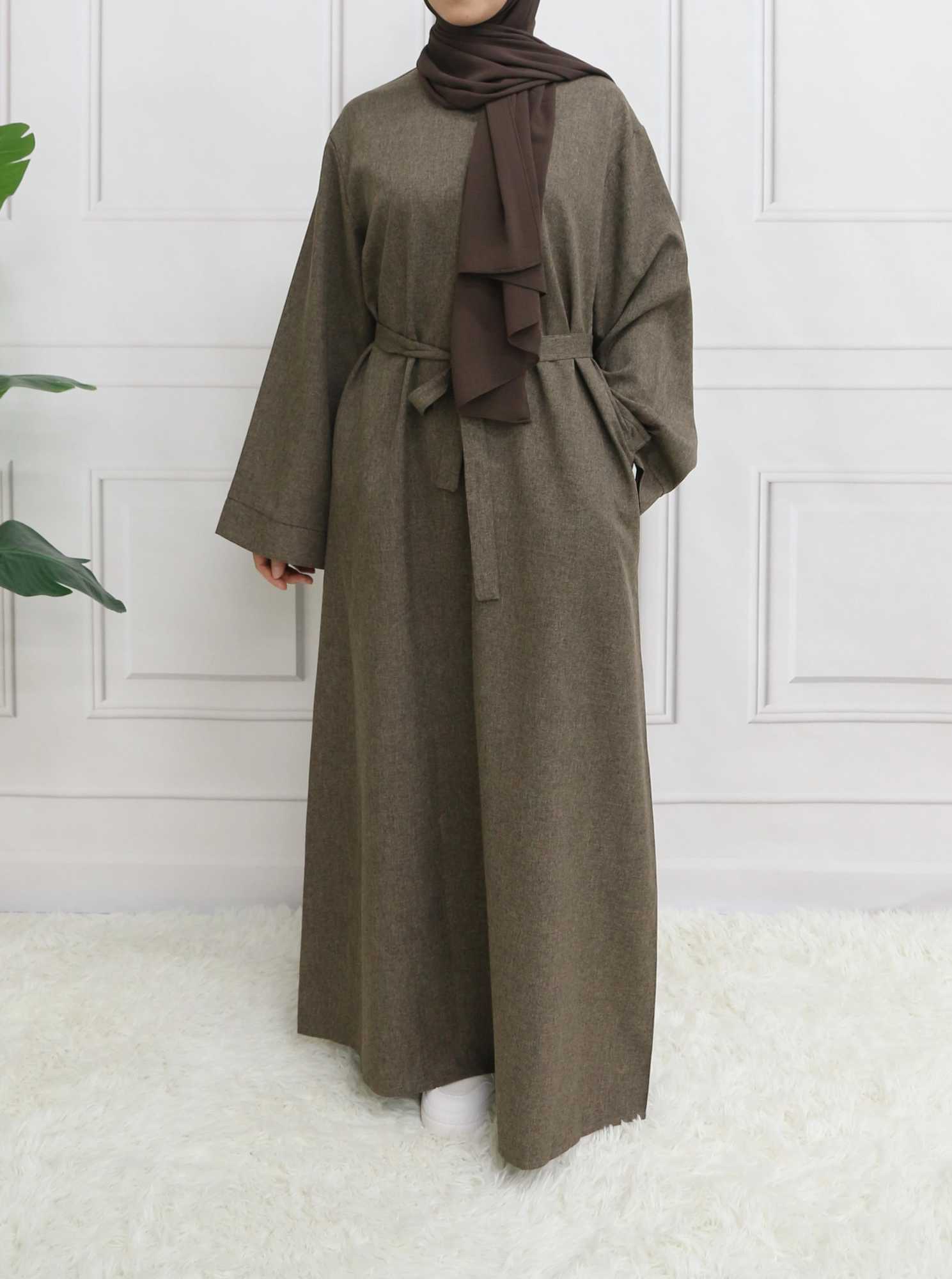 Modest Closed Plain Long Slve Abaya Without Hijab With Belt Basic Islamic Eid Clothes Dress X2505141