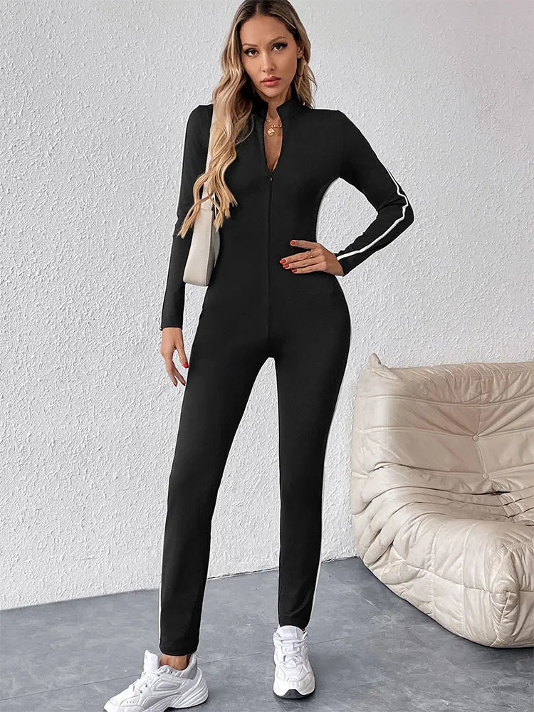 Womens jumpsuit spring fashion streetwear long sleeved semi high neck tight black sexy womens 250326