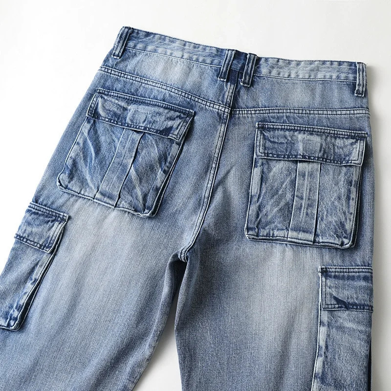Large Size Loose Jeans Men Denim Pants Straight Pocket Baggy Casual Streetwear Hip Hop Blue Wide Leg Cargo Trousers 250317