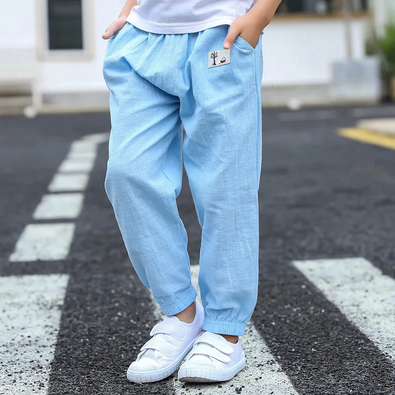 Childrens Trouser Boys and Girls Cotton Linen Elastic Waist Solid Color Summer Clothing Pants 250325