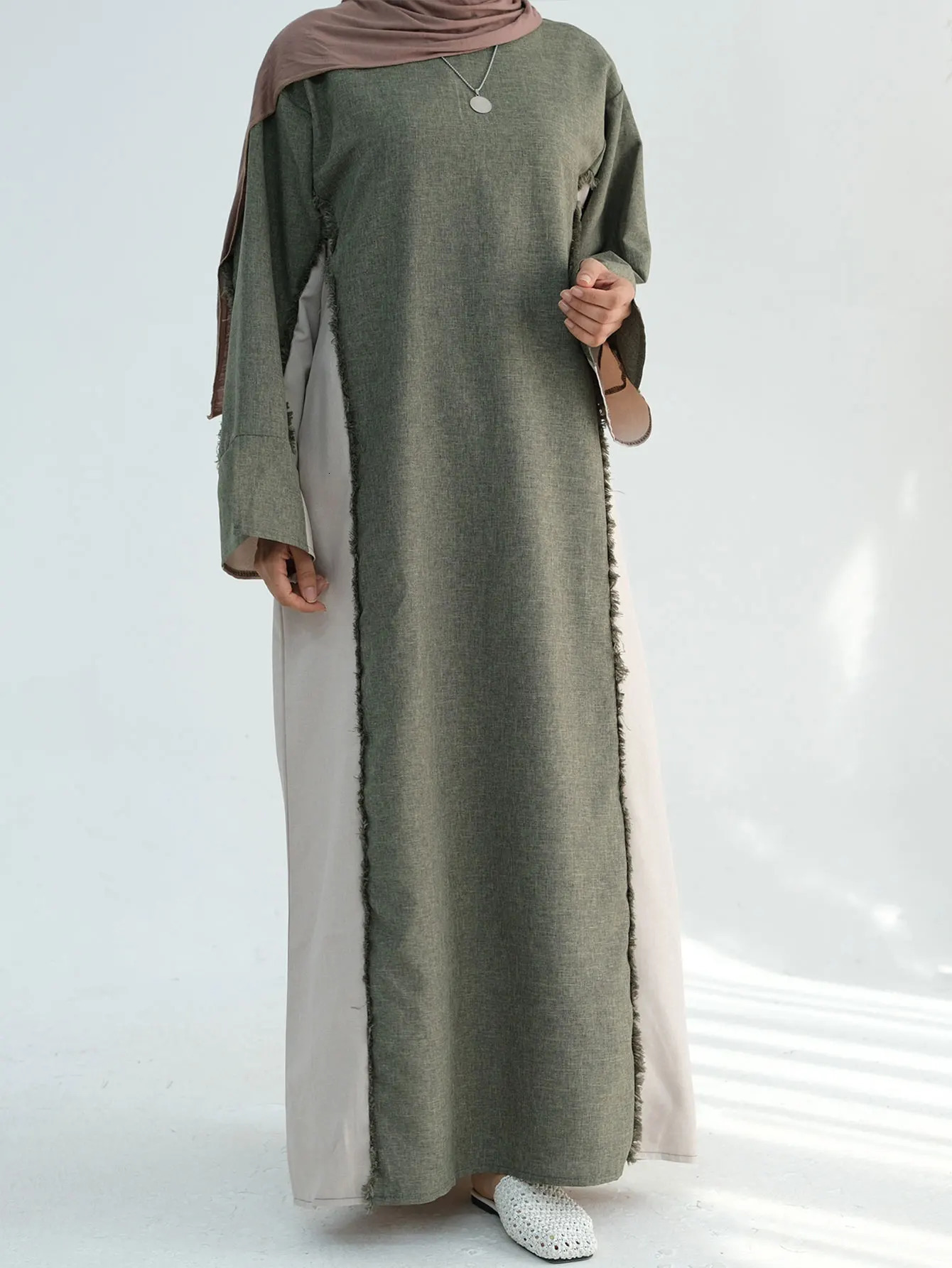 Trend Contrastive Color Womens Clothing Humble Abaya Muslim Linen Closed Ramadan EID Dubai 250326