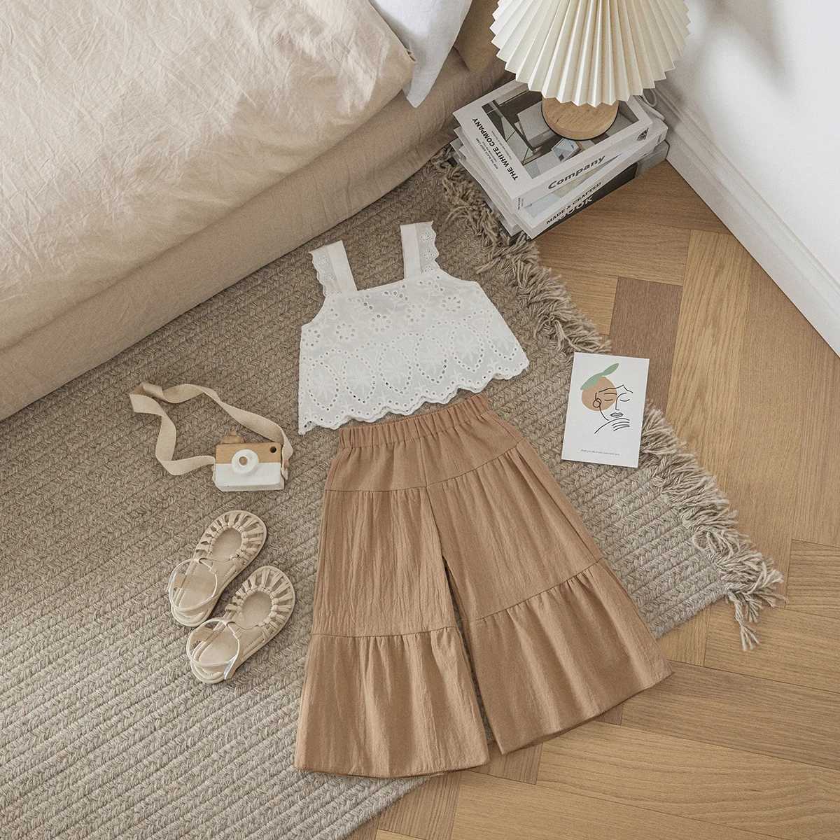 Listenwind 1-5Y Childrens Baby Girl Clothing Set Summer Lace Sleeveless Top Wide Leg Pants Travel Holiday Clothing SetT250327