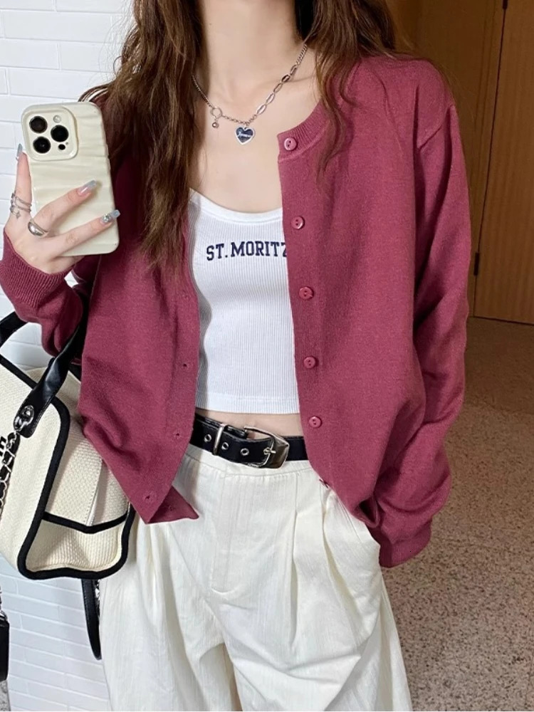 Womens cardigan wool sweater casual spring warm summer Oneck long sleeved single chest ultrathin fashion Korean knitted top 250326