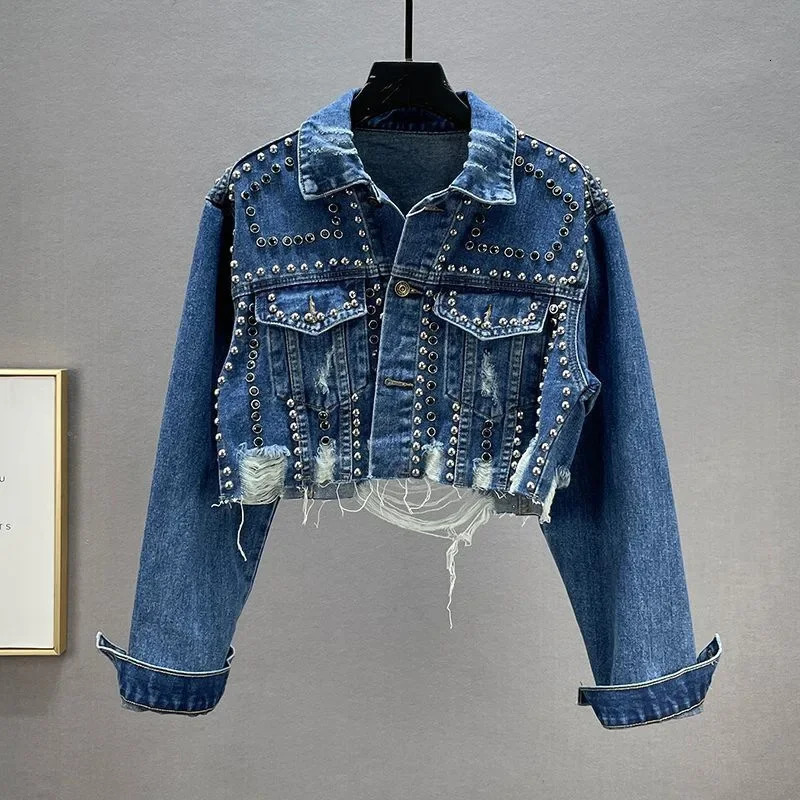 Spring and autumn womens denim jacket highquality rivet nail bead casual 250326