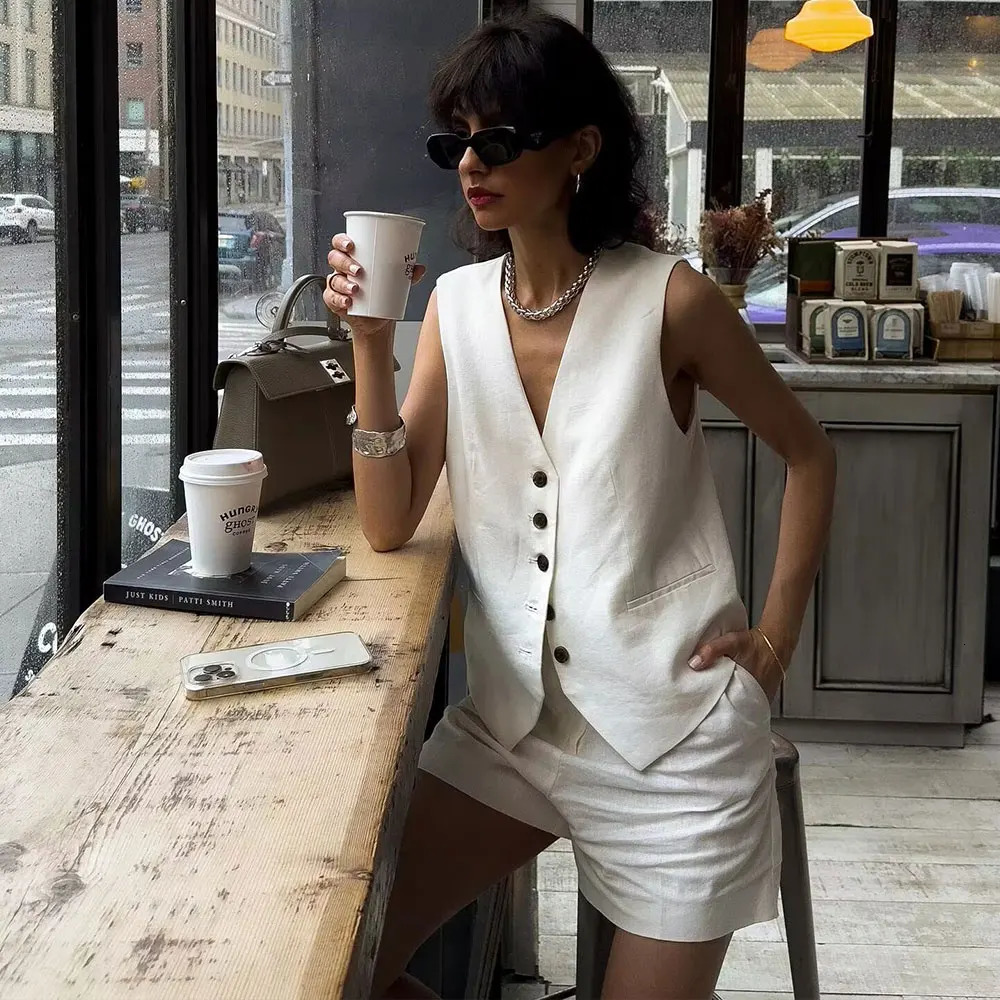 DUOPERI Women 2 Pieces Sets Plain Linen Tops Vest and Shorts Chic Lady Casual Basic Business Waistcoat Coordinates 250311
