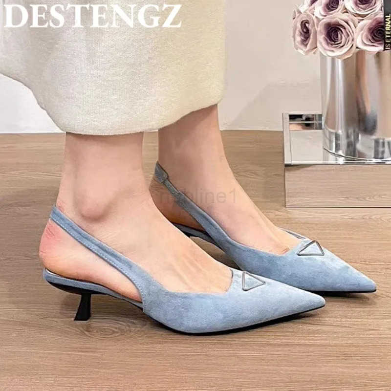 Pointed Toe Heeled Sandals Wen High H Shoes Sexy Slingback Summer 2025 Fi Dress Suede Shallow Elegant Pumps Mujer Z250327