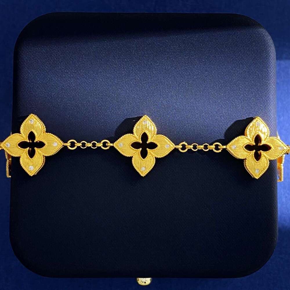 New Italian style four leaf inlaid with small white dia, metal brushed hollow out, carved and engraved five wer bracelet