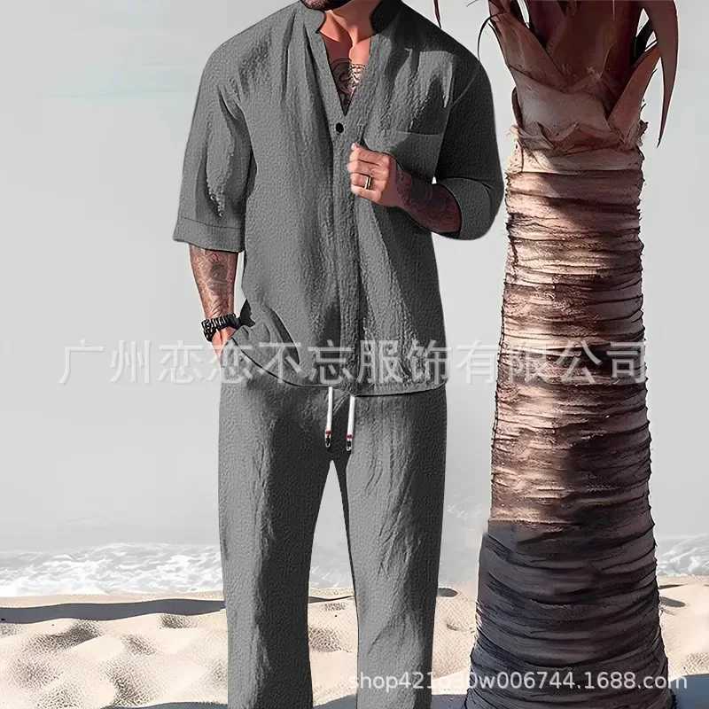 Summer casual cotton linen two-piece mens fashion loose V-neck half sleeved top and mens clothingXJ250326