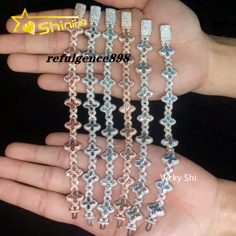 Hot Selling 15MM 925 Sterling Silver Cuban Clover Bracelets Iced Out Hip Hop Infinity Colored Moissanite Cuban Bracelet