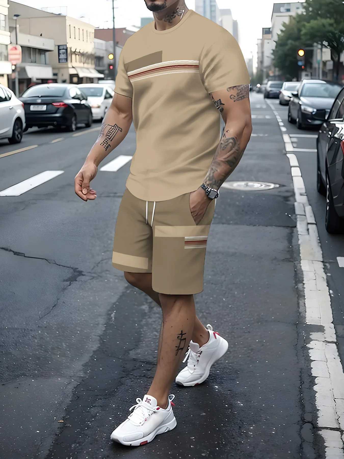 New 3D printed mens sportswear fitness set running set casual T-shirt+shorts set breathable sportswear striped setXJ250326