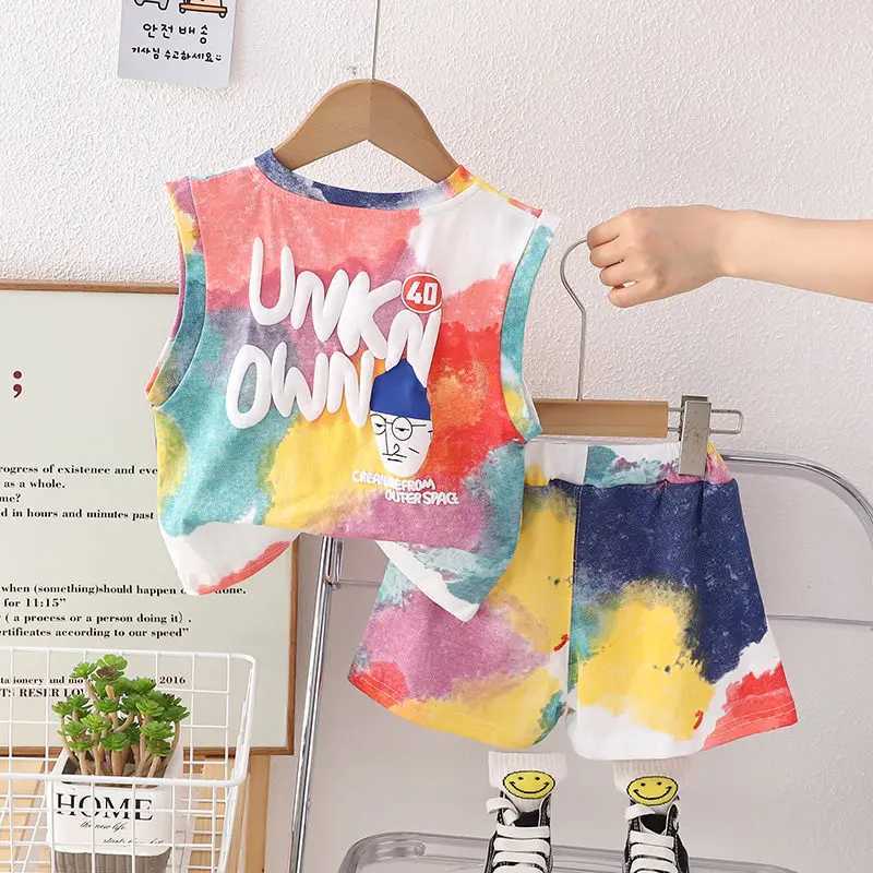 Summer childrens boys girls cotton clothing fully printed colored vest toddler clothing baby tracksuit baby casual suitT250327