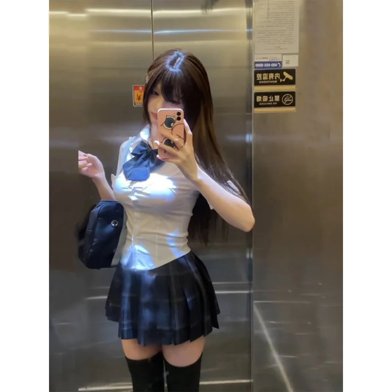 S8xl plus size American Jk school uniform original butterfly pleated bodysuit college style slim fit shirt high waisted 250326