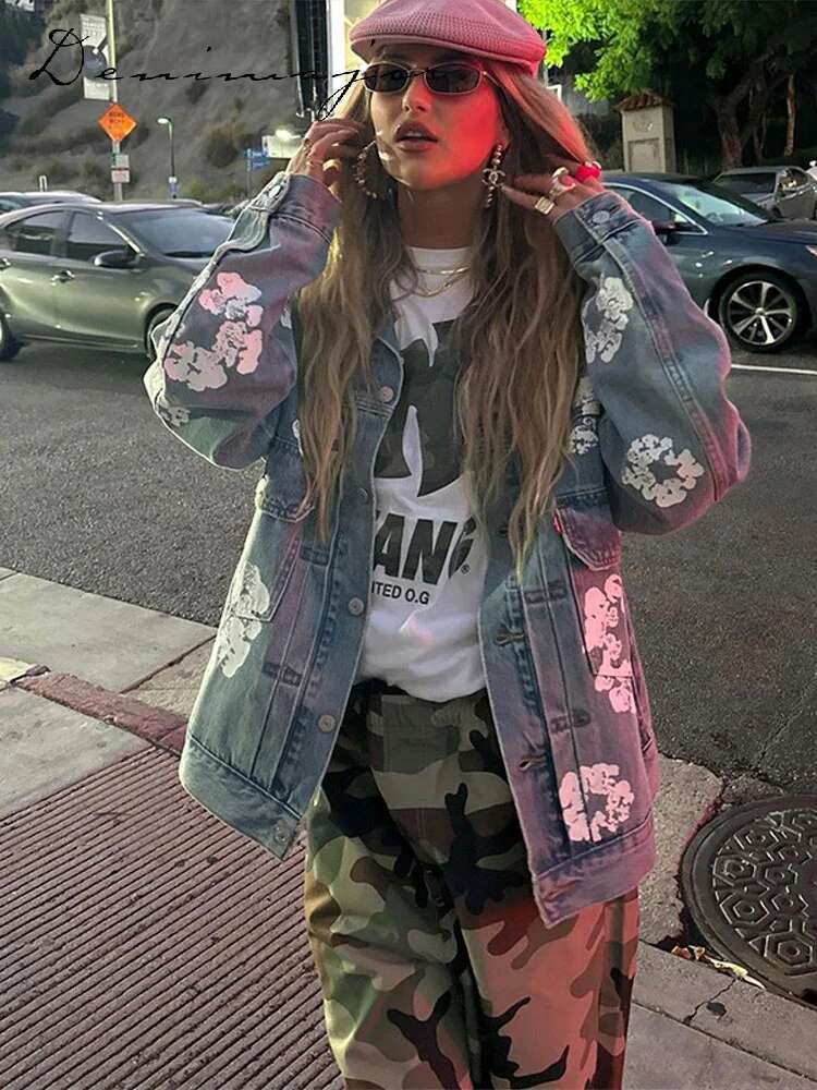 Y2k Wer Print Denim Pants Set Women Lapel Button Pocket Coat Zippers Slim Trousers Spring Fashion Lady 2 Pieces Outfits