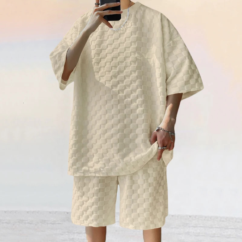 2025 Cross border Mens Summer Jacquard Plain Short sleeved Tshirt Loose Large Straight Leg Casual Shorts Set 250326