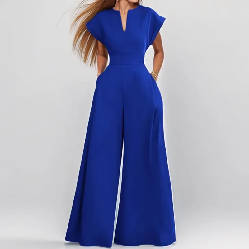 Womens loose fashionable elegant short sleeved collar solid color wide leg jumpsuit casual and comfortable onepiece set 250326