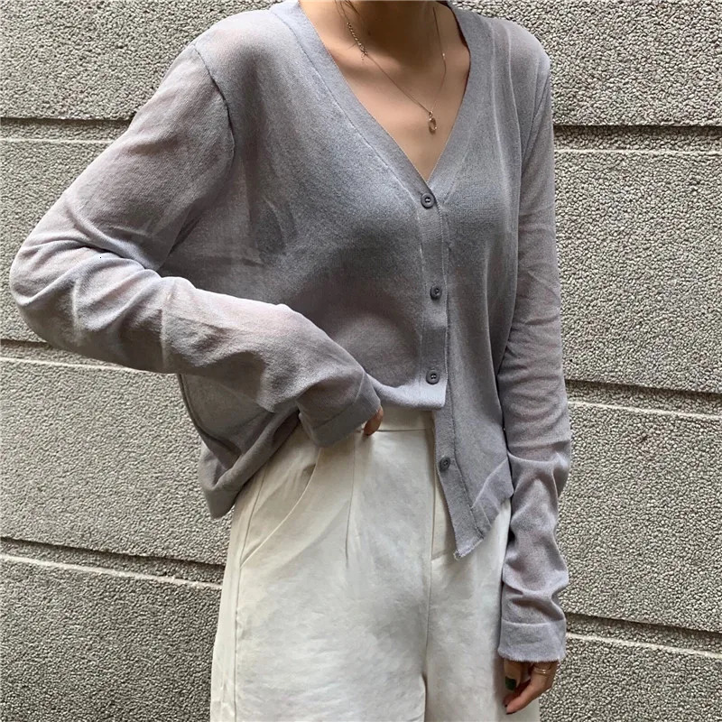 Womens cardigan top Korean long sleeved summer Vneck thin knit sun protection shirt sweater Blusas Mujer E600 250326