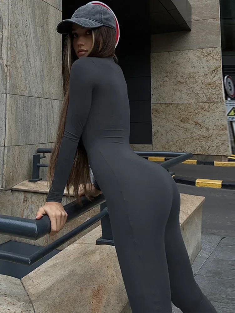 Xiaotang Fashion Long Sleeve Tight Sexy jumpsuit Womens outerwear AutumnWinter Solid Zipper Sports Fitness 250326