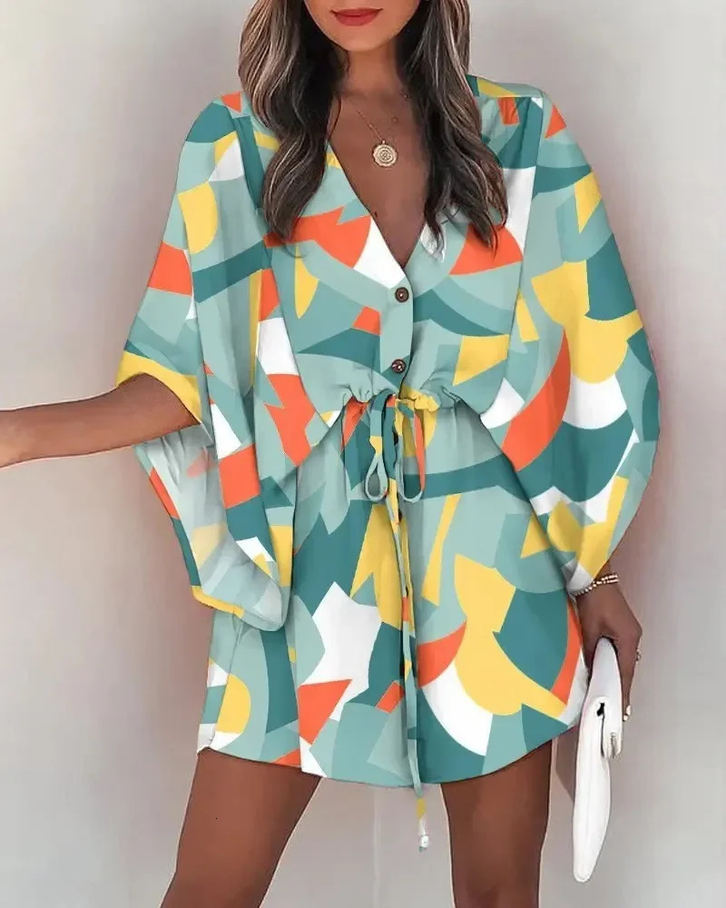 Summer casual brushed lace up mini loose dress with fashionable print batsleeves beach sexy button Vneck womens party cover 250326