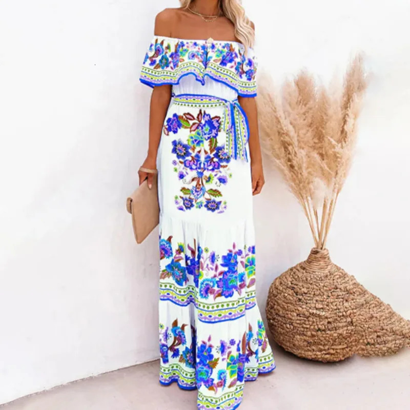 Summer Womens Printed Bohemian Dress Fashionable and Sexy Slant Neck Long Casual Elegant Party Vestdos 2024 250324