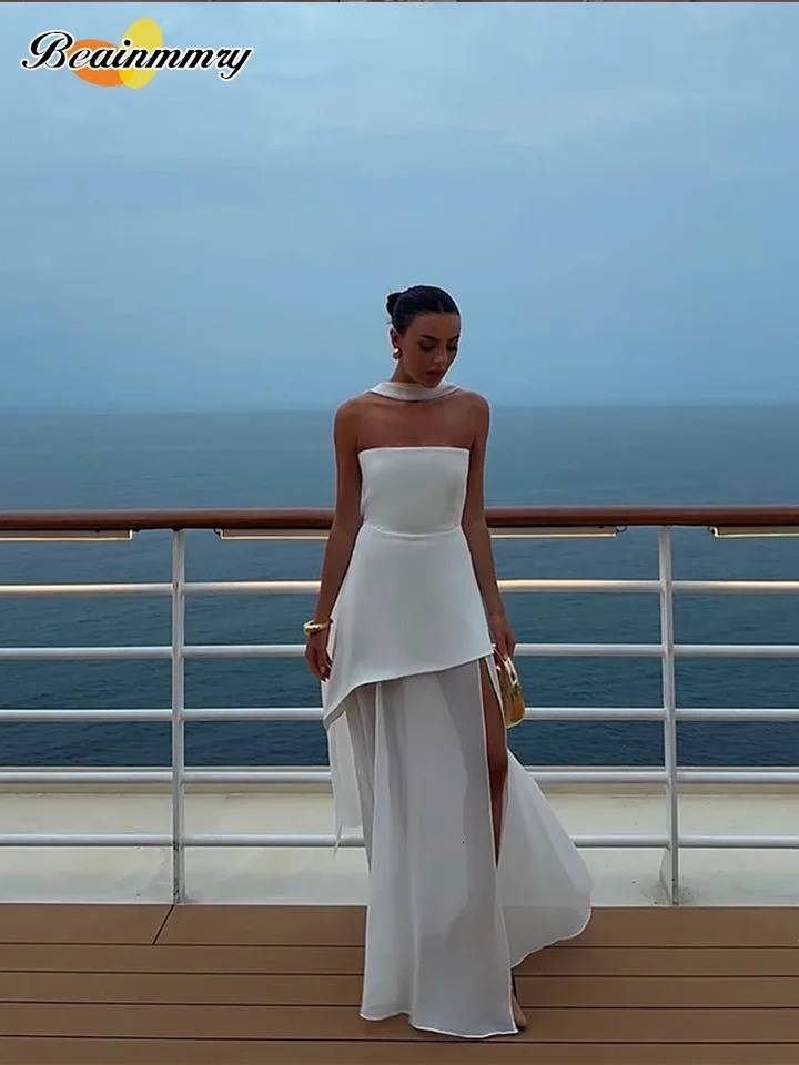 Fashion strapless silk screen splicing Maxi dress elegant sleeveless backless vacation pants 2025 womens beach 250324