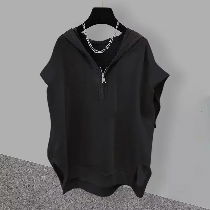 Summer mens zipper sleeveless hooded Tshirt 2024 Korean fashion vest Y2K street clothing casual hiphop 250326