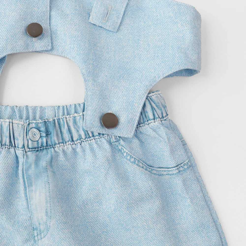 Bear Leader Girl Summer Clothing Solid Color Imitation Jeans Pendant Top+Shorts Set with Two Piece Button Set Childrens ClothingT250327