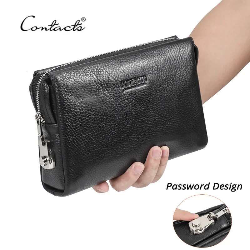 CONTACT'S Genuine Leather Male Password Design Men Handbag Wristlet Large Capacity Clutch Purse Casual Wallet Bag
