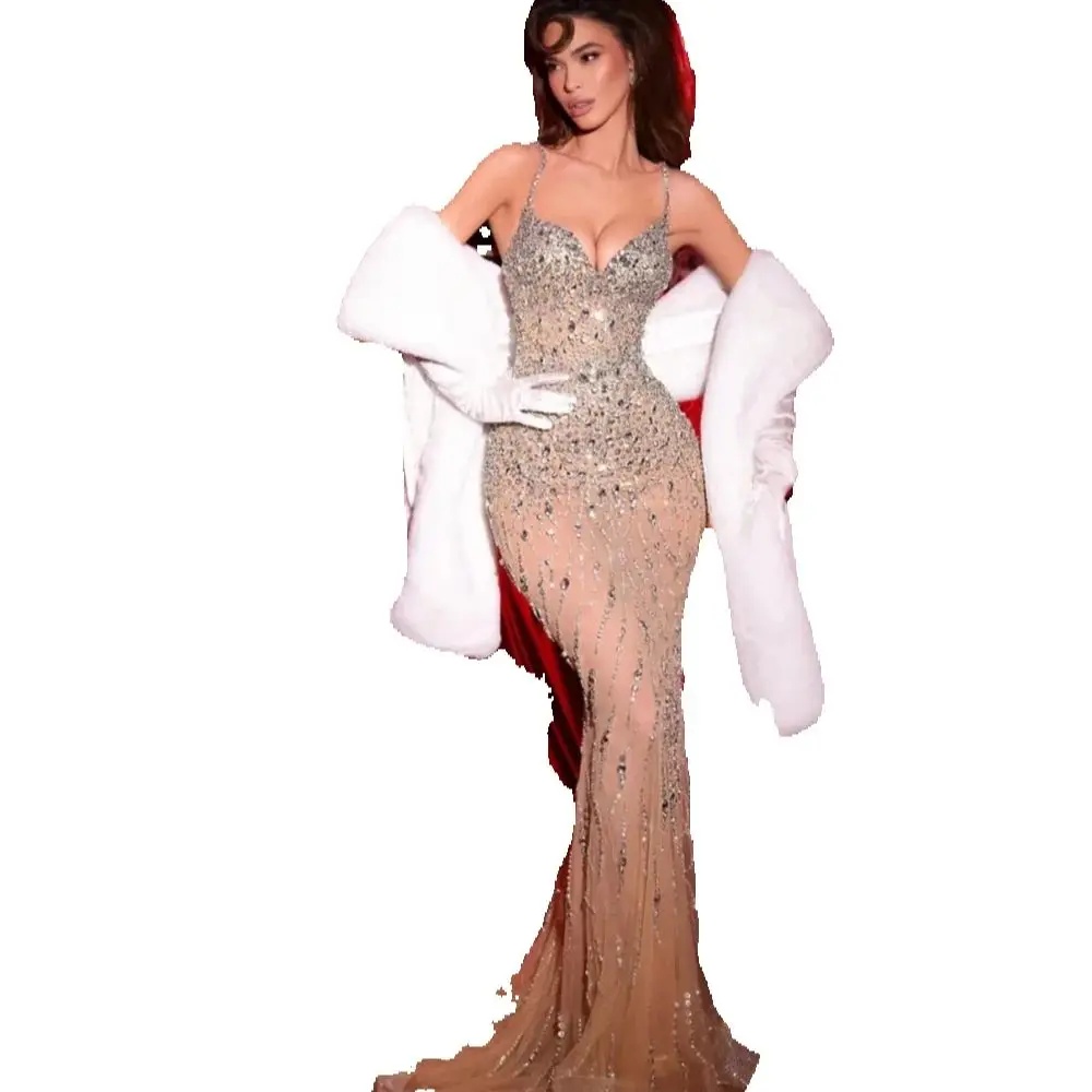 Gorgeous Beaded Mermaid Evening Dress Sexy Illusion V-neck Party Gown Customized Charming Spaghetti Straps Prom Dresses