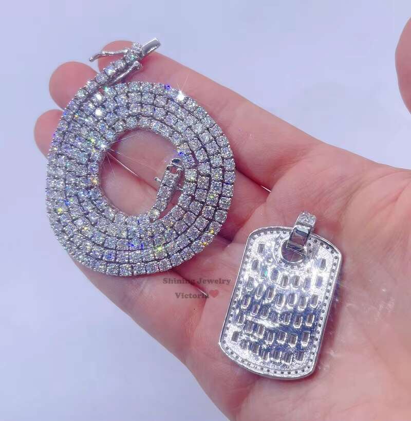 14k Rose Gold Plated Sterling Silver Hip Hop Men Emerald Cut Vvs Moissanite Diamond Dog Tag Pendant