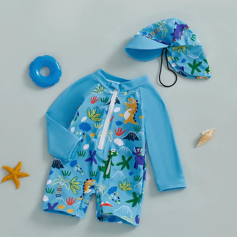 0-5Years Kids Boy Rash Guard Swimsuits Shark Print Long Sleeve Half Zip-up Bathing Suit with Sun Hat 2 Pcs Swimwear for Toddler 250326